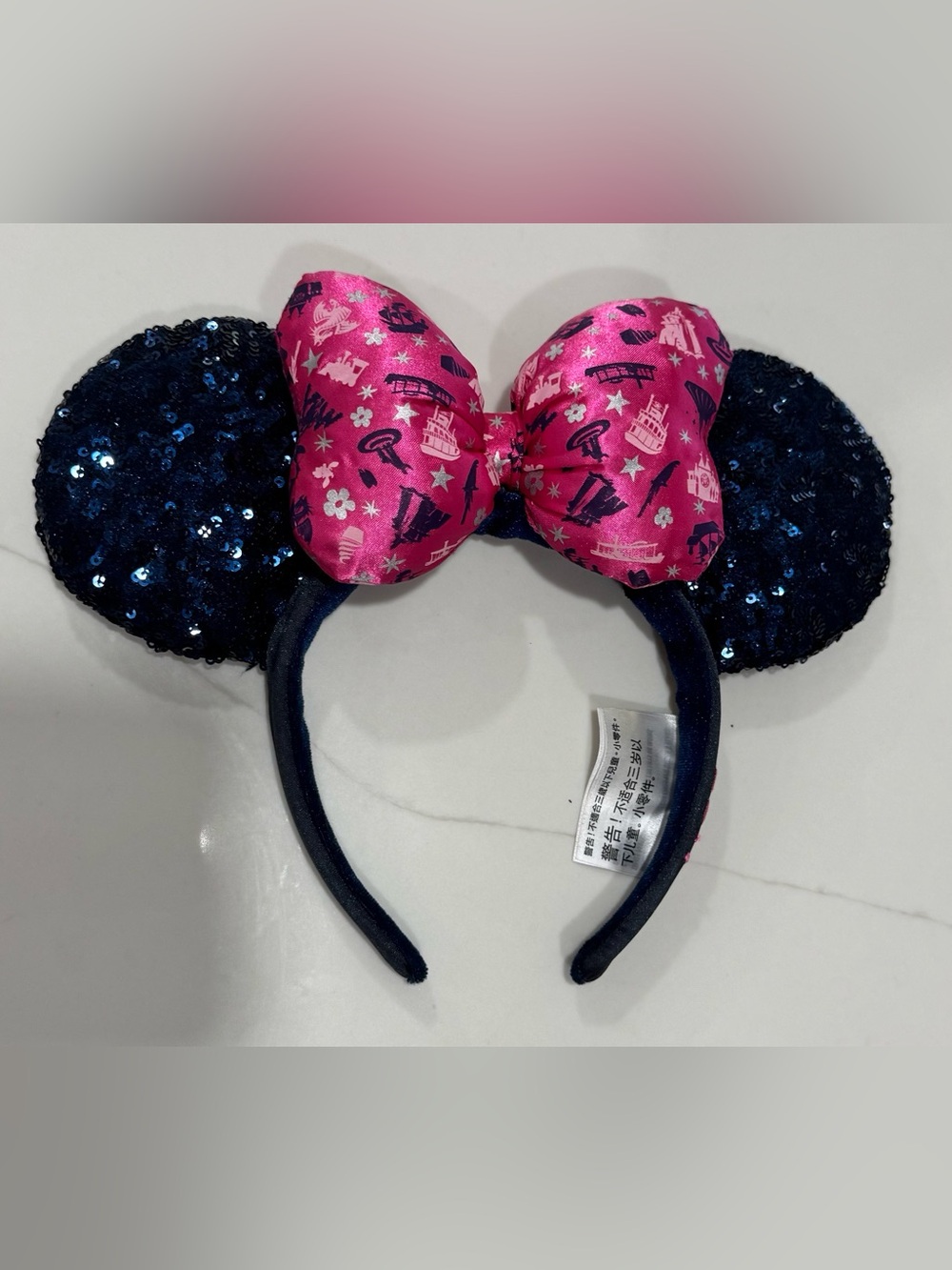 Disney Parks Pink Bow Blue Sparkly 2019 Ears Headband